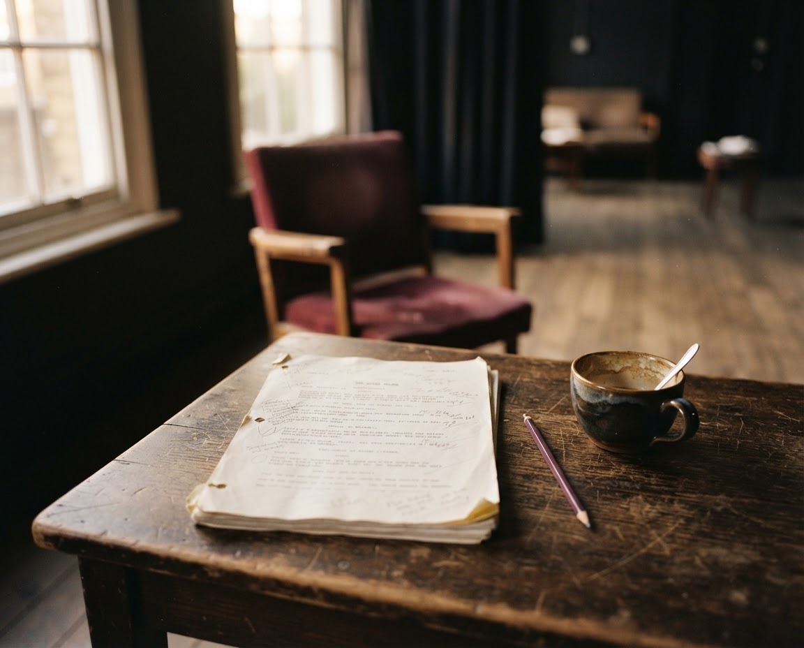 A script, pencil and a cup of tea on a worn rehearsal-room table.